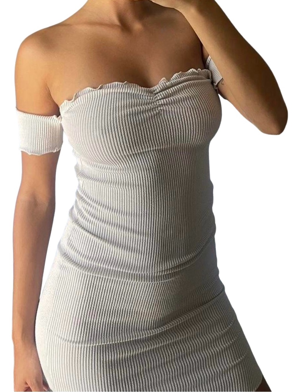 IJOAH | Women’s Beige Ribbed Off-The-Shoulder Neck Bodycon Mini Dress